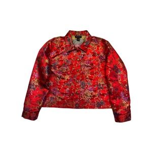 Spenser Jeremy Red Floral Brocade Asian Inspired Metallic Satin Jacket Size XL